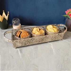 Diwali Serving Tray with 3 Bowls – Perfect Decorative Gift Metal Design for Kitchen, Dining & Gifting