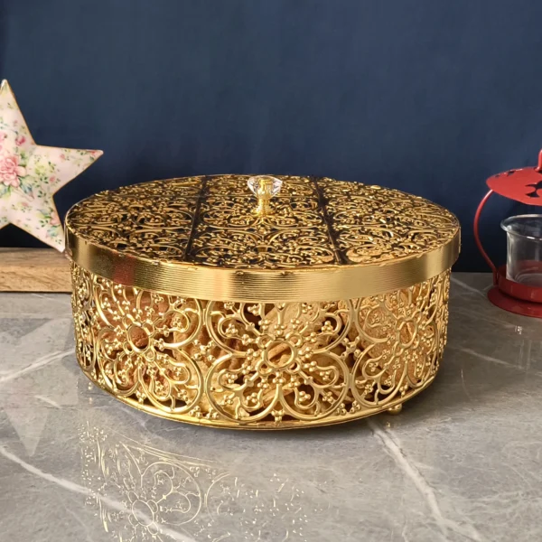 Round serving box with gold finish, 8.25 inch decorative dry fruit box for Diwali sweets and festive gifting