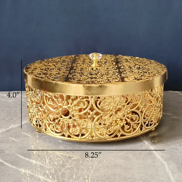Golden round sweet box with floral cutwork design, luxury dry fruit container for Diwali and weddings
