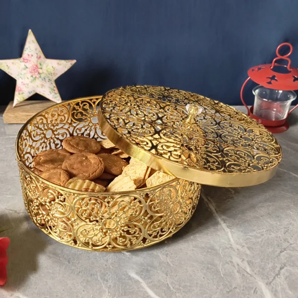 Golden round serving box, 8.25 inch festive gift container for Diwali, Rakhi and housewarming