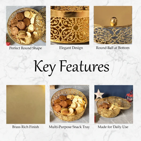 Decorative floral gold finish box, reusable round dry fruit box for home décor and festival gifting