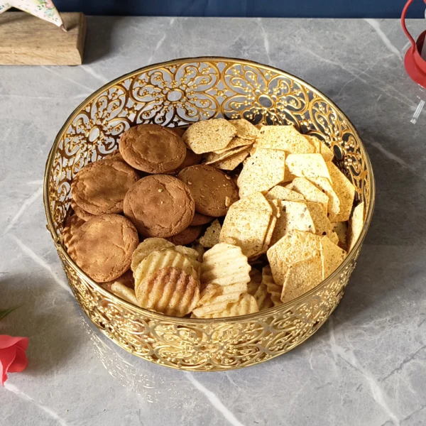 Metallic round serving box in gold, elegant festive container for corporate Diwali gifts and home décor